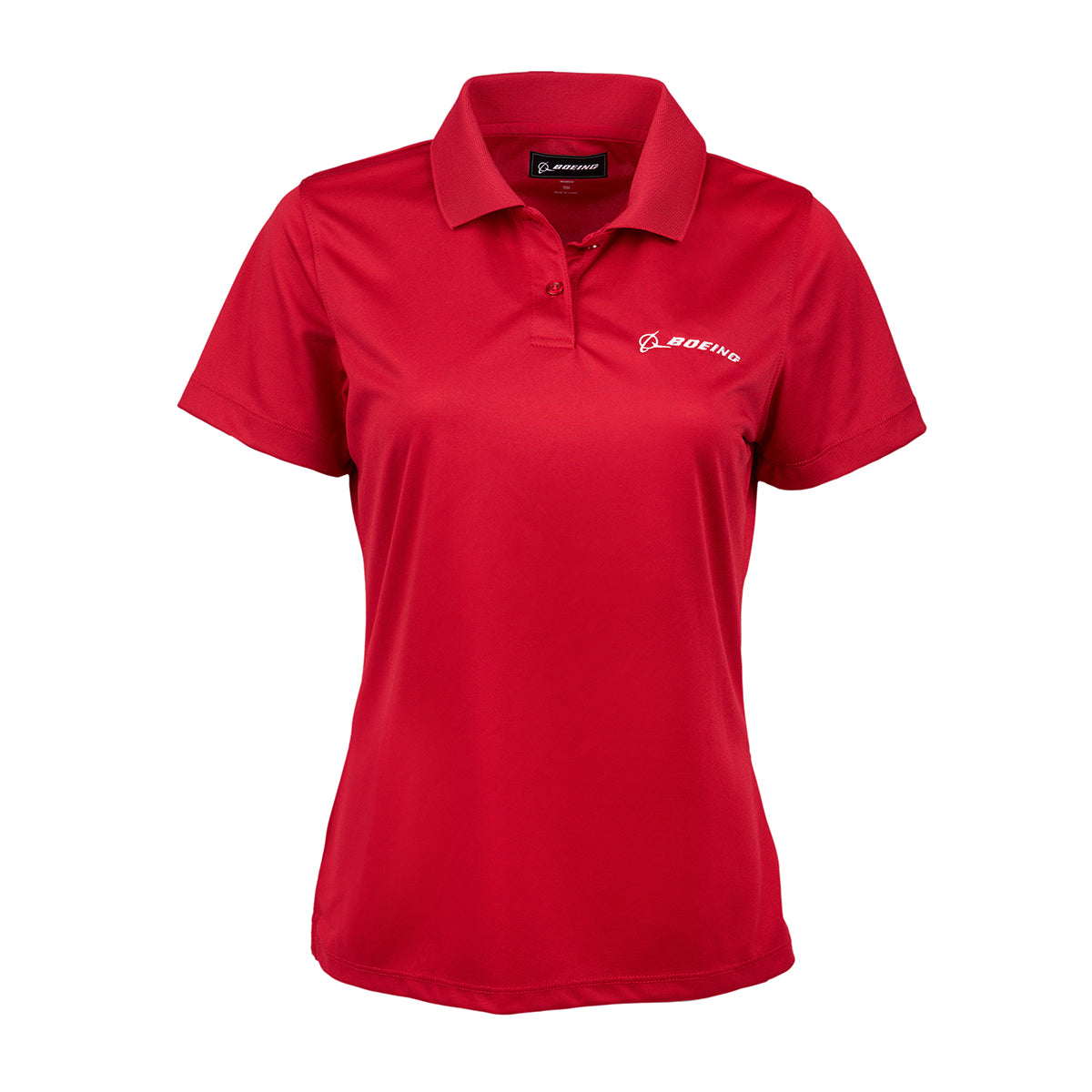 The Boeing Stores Boeing Signature Logo Womens Mesh Tech Polo is a red, moisture-wicking shirt with short sleeves and a rib-knit collar. It features a white logo and BOEING on the left chest, combining style and comfort.
