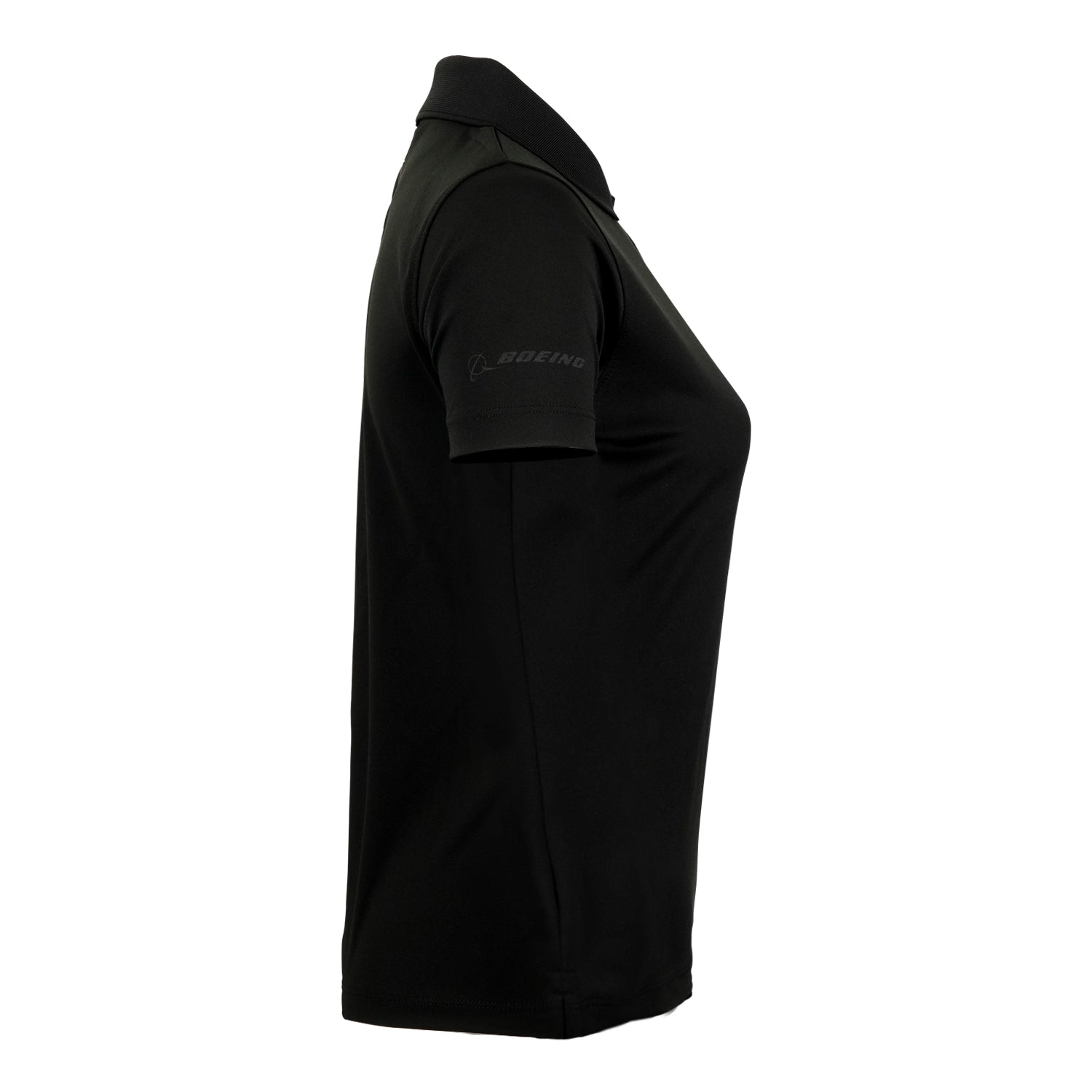 The Boeing Phantom Works 2025 Women’s Performance Polo by BOEING is a black, short-sleeve, snag-resistant shirt with a collar and Boeing logo on the left sleeve. Its fitted, buttonless design ensures comfort and durability.