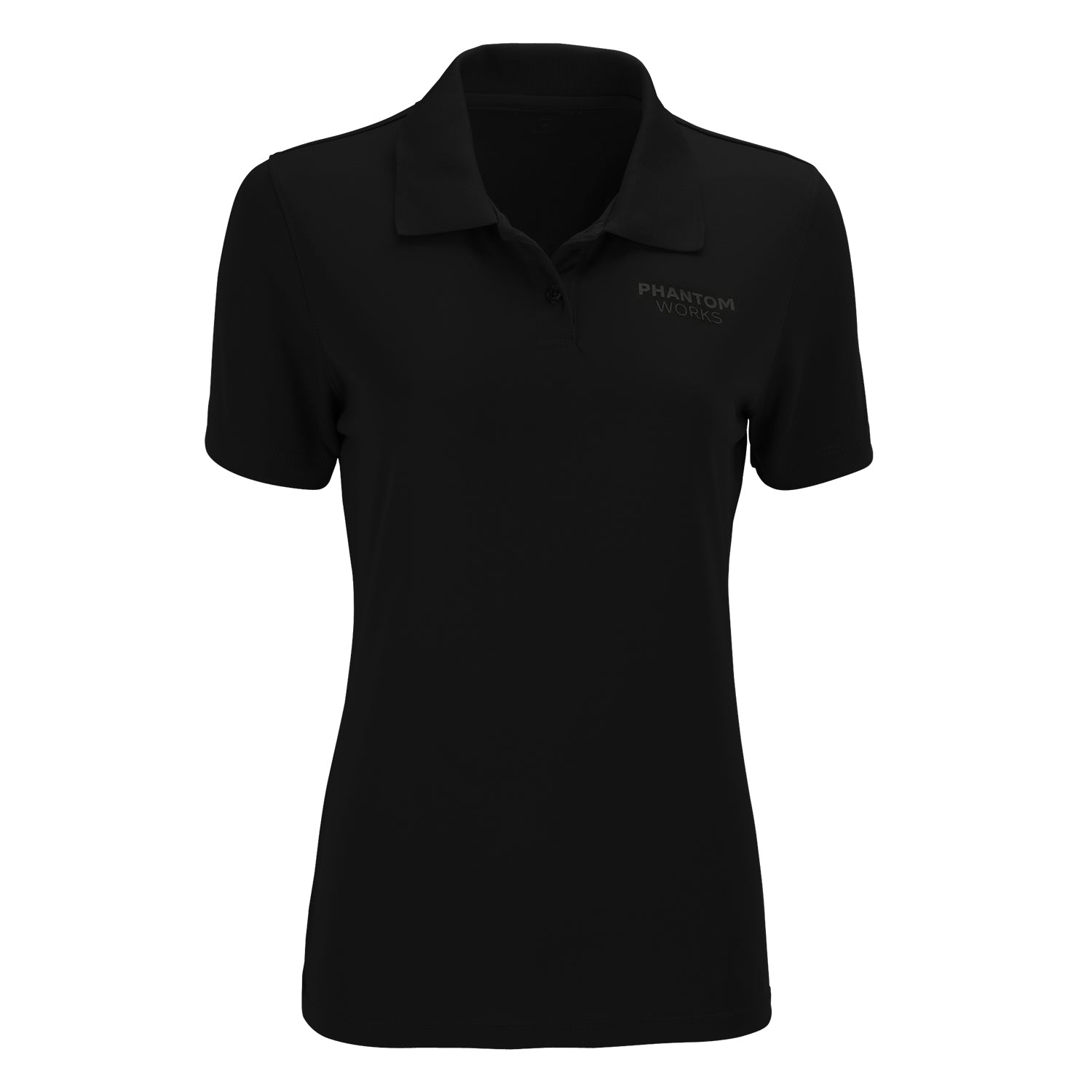 The Boeing Phantom Works 2025 Women’s Performance Polo by BOEING is a fitted, short-sleeve black polo with a collar, three buttons, and the Phantom Works logo on the left chest, made from snag-resistant fabric.