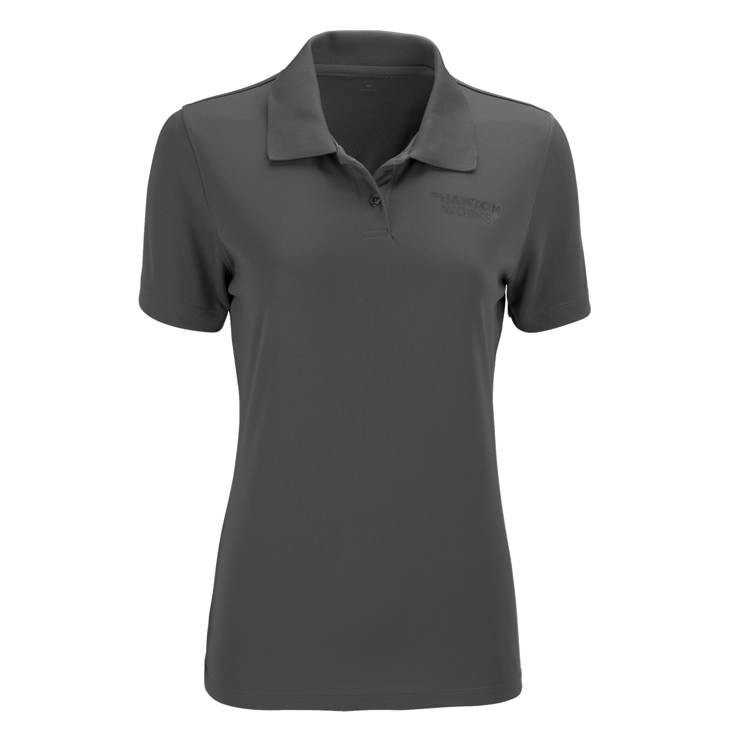 The Boeing Phantom Works 2025 Women’s Performance Polo by BOEING is a dark gray, short-sleeved, snag-resistant shirt with a collar, buttons, and subtle embroidered text on the left chest.
