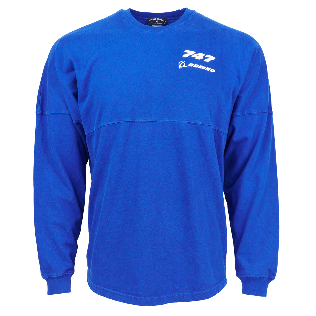 The Boeing Stores 747 Spirit Unisex Long Sleeve T-Shirt Jersey is a vibrant blue, 100% cotton shirt featuring 747 and Boeing in white on the upper left chest. It offers an oversized fit with a crew neck for a casual, relaxed vibe.