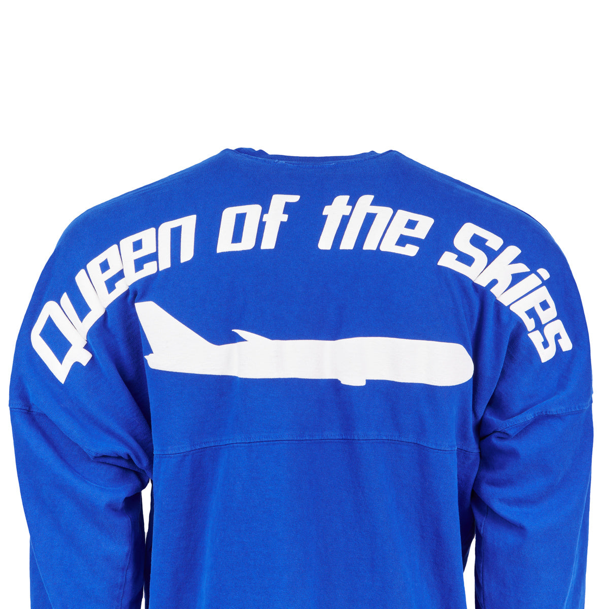 The Boeing Stores Boeing 747 Spirit Unisex Long Sleeve T-Shirt Jersey is a blue oversized tee with a back view displaying a white airplane silhouette and the bold phrase Queen of the Skies in white. Made from 100% cotton, it offers comfort for all genders.