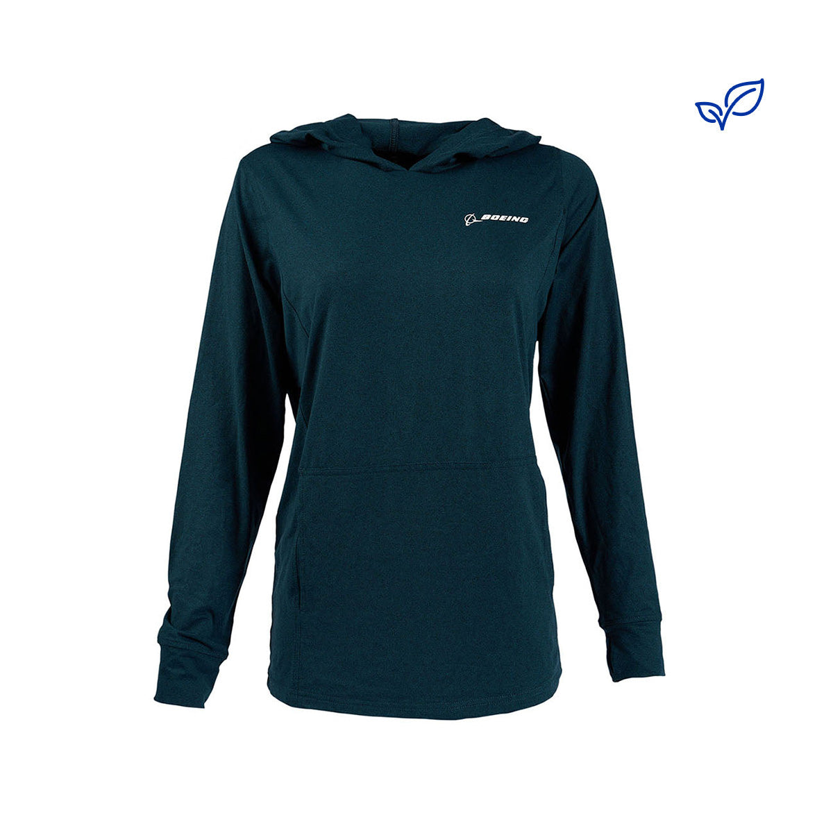 The Boeing Womens Trek Hoodie from The Boeing Store is a dark green long-sleeve sustainable womens hoodie with a minimalist design. It features a small Boeing logo on the chest, a kangaroo pocket, and a tiny blue leaf icon highlighting its eco-friendly aspect.