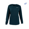 The Boeing Womens Trek Hoodie from The Boeing Store is a dark green long-sleeve sustainable womens hoodie with a minimalist design. It features a small Boeing logo on the chest, a kangaroo pocket, and a tiny blue leaf icon highlighting its eco-friendly aspect.