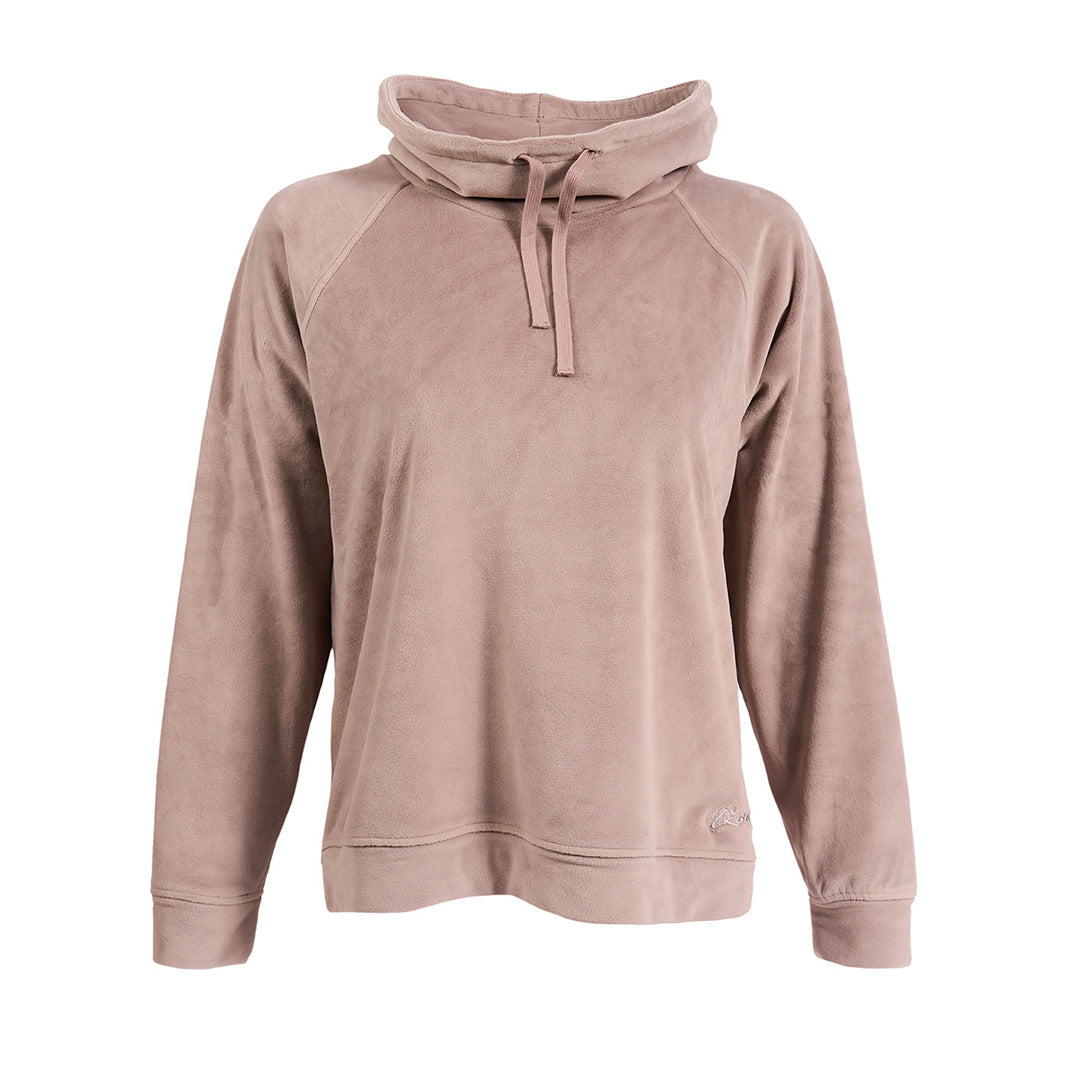 The Boeing Stores Barefoot Dreams Boeing Womens Luxechic® Funnel Neck Pullover features taupe fleece, long sleeves, a high drawstring collar, and a split hi-lo hemline, shown on a plain white background.