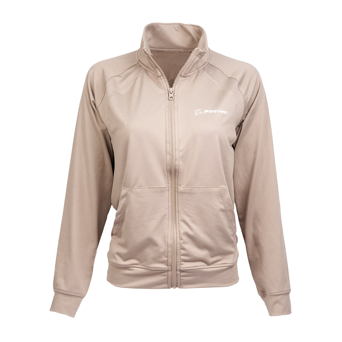 The Barefoot Dreams Boeing Womens Butterchic Jacket is a light beige zip-up with long raglan sleeves, two front pockets, a mock neck collar, and features the white Boeing logo on the left chest. Displayed on a plain white background.