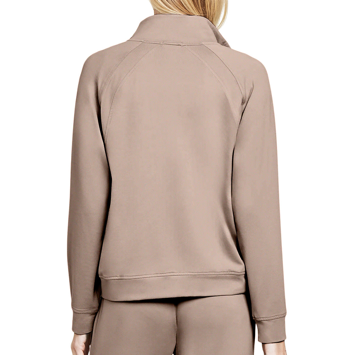 A woman is shown from the back against a white background, wearing a taupe long-sleeve sweatshirt with a mock neck and shoulder seam lines that closely resemble the Barefoot Dreams Boeing Womens Butterchic Jacket by Boeing.