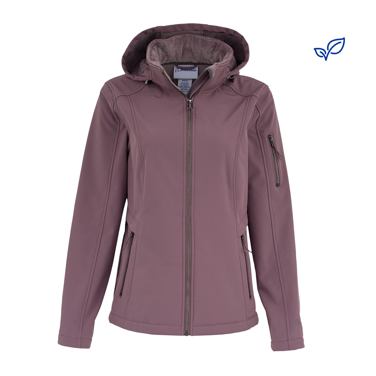 The Boeing Women's Aeris Super-Softshell Jacket by BOEING features a mauve recycled polyester shell, plush lining, front zipper, zippered side and arm pockets, and a tailored fit.