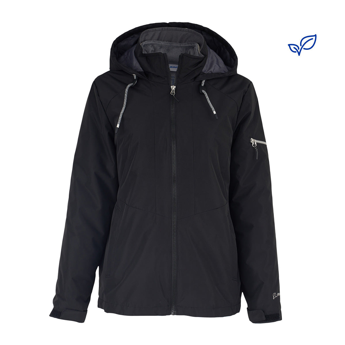 The Boeing Women's 3-in-1 Systems Jacket by BOEING is a black, wind-resistant hooded jacket featuring a front zipper, two zippered chest pockets, and a left sleeve zip pocket, shown on a white background.