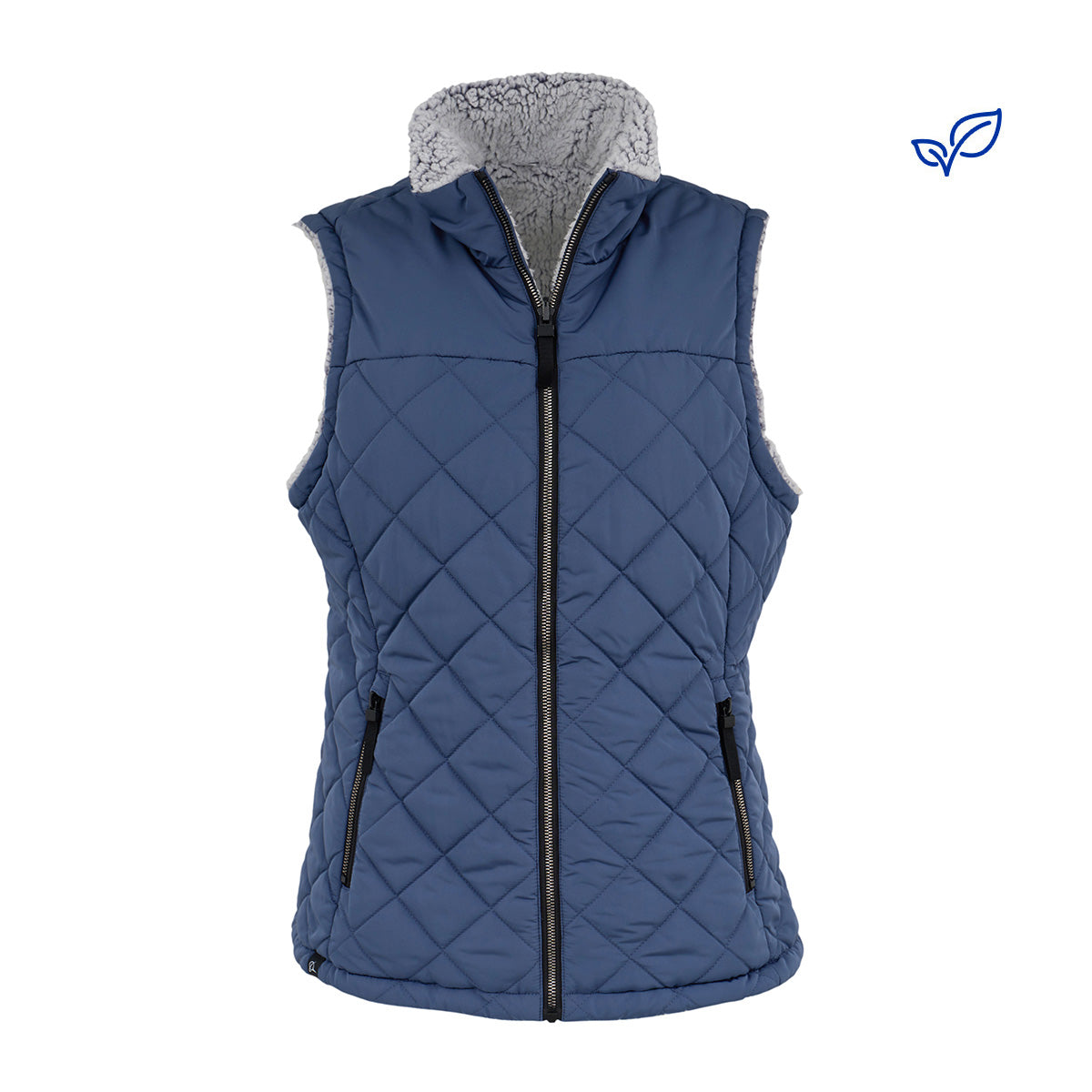 The Boeing Women's Stratus Lite Reversible Vest by BOEING features a blue quilted, sleeveless design with front zipper, zippered side pockets, and light gray fleece lining. Wind-resistant for comfort and versatility.