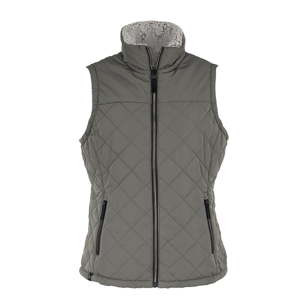 The Boeing Women's Stratus Lite Reversible Vest by BOEING is a gray, sleeveless vest with a high collar, front zipper, and black zippered pockets. Wind-resistant and comfy, it features a soft lining at the collar for extra comfort.