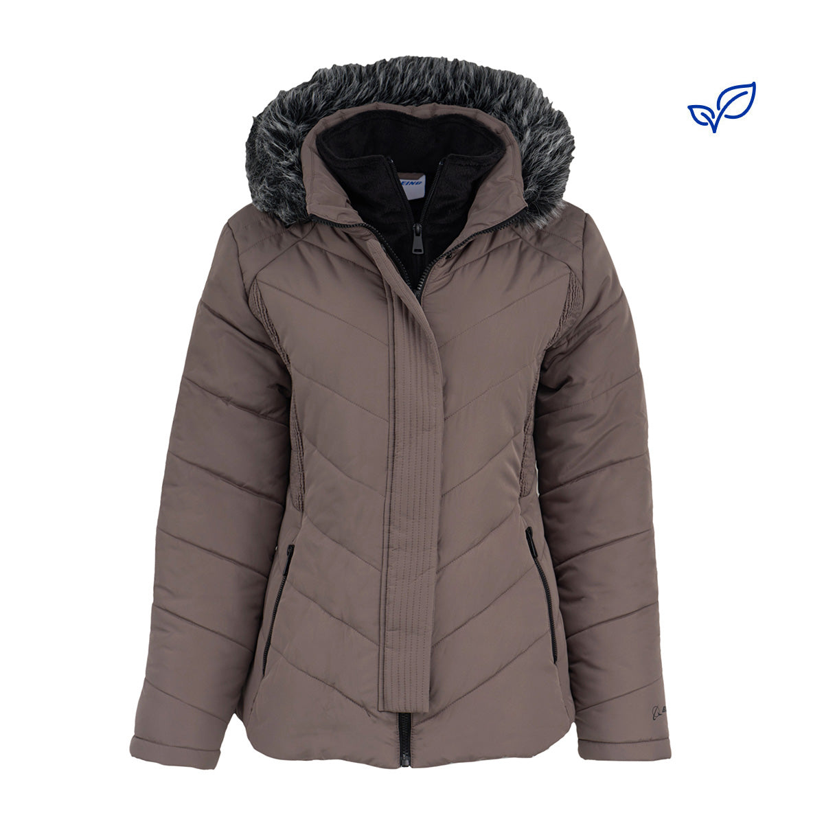 The BOEING Women's Quilted Butterpile Jacket in taupe features a black zip-up front, two zippered side pockets, and a hood lined with black faux fur trim. This wind-resistant winter jacket is shown on a white background.