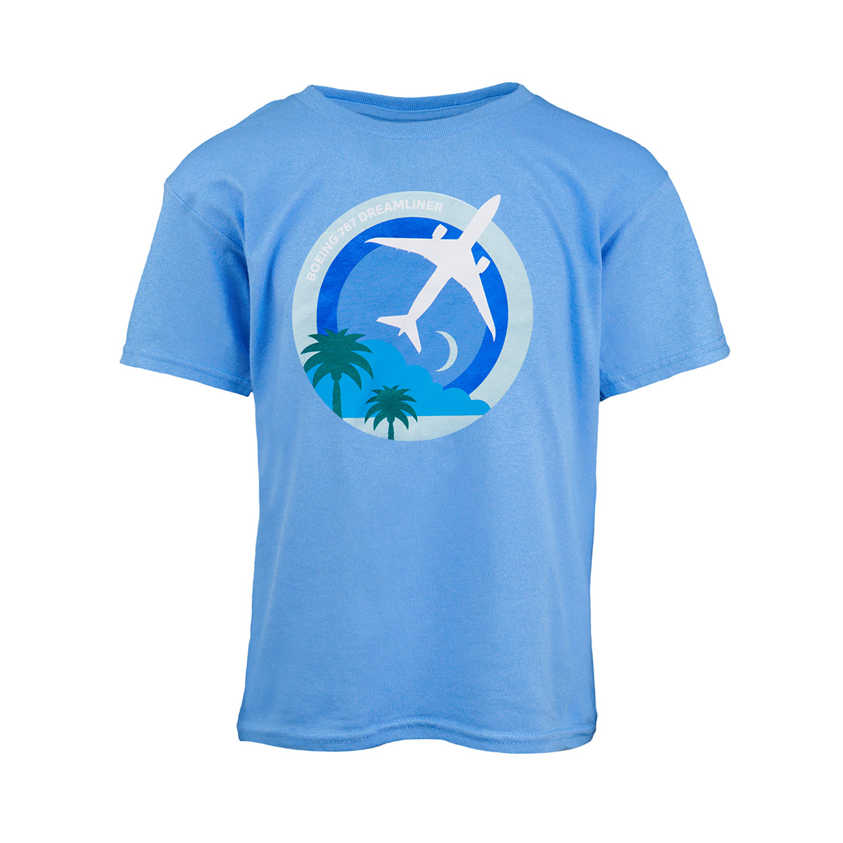 The Boeing 787 Dreamliner Skyward Kids T-Shirt by Boeing features an airplane soaring over palm trees and a crescent moon in a circular sky backdrop, with Boeing 787 Dreamliner elegantly arched above, ideal for young aviation enthusiasts.