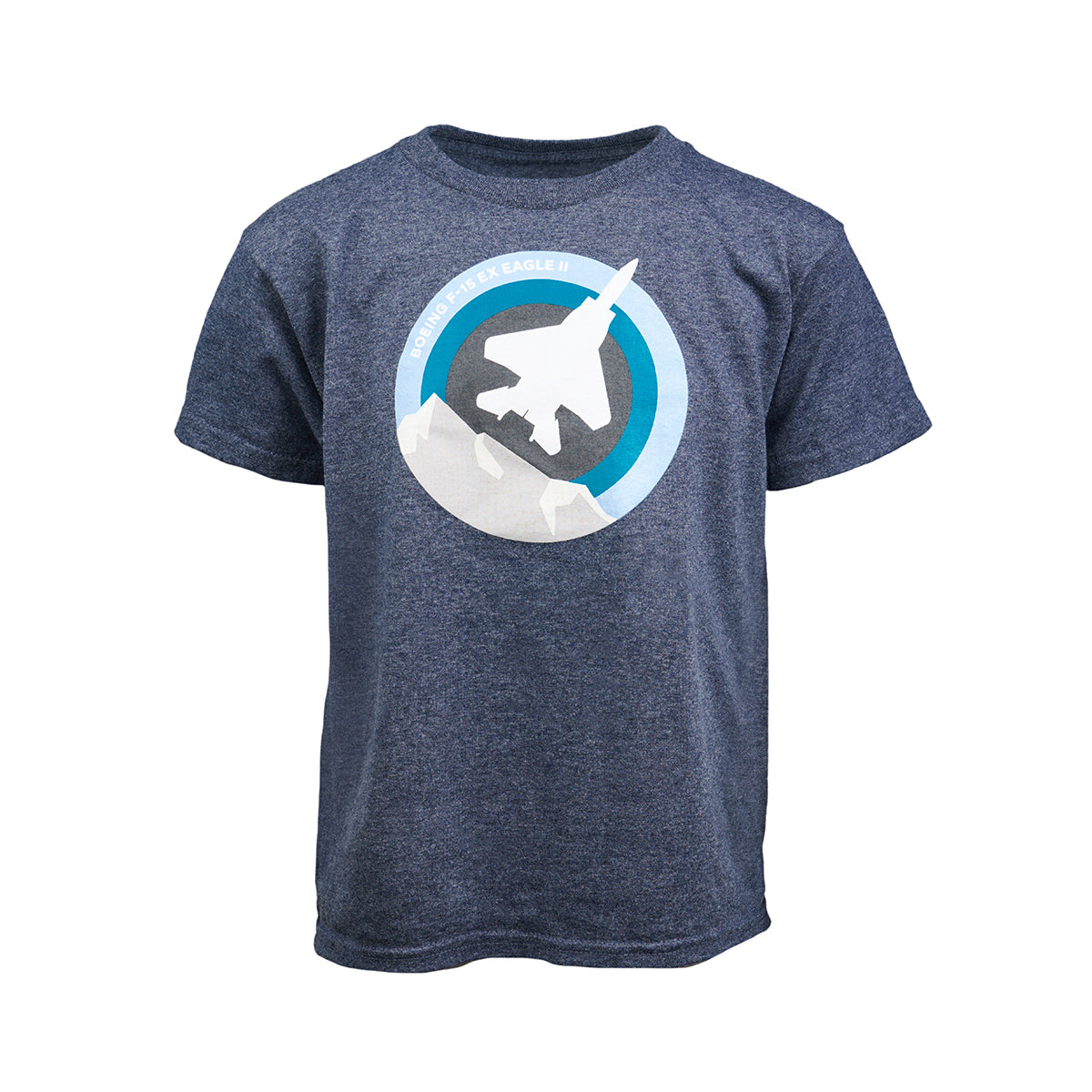 The Boeing F-15EX Eagle Skyward Kids T-Shirt features a fighter jet graphic against a blue and white circle, prominently showing the text BOEING F-15EX EAGLE II, capturing the thrill of aviation.
