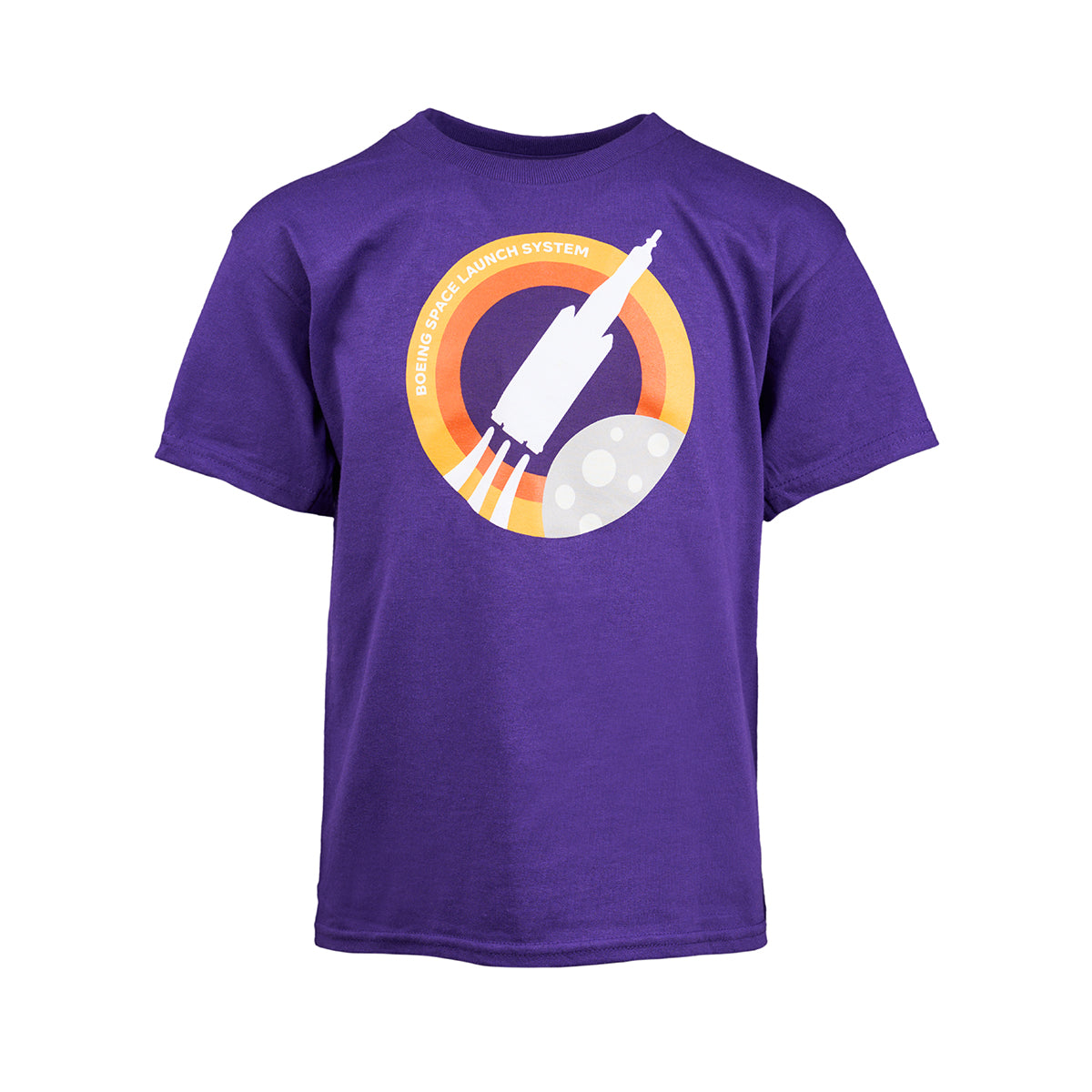 This purple Boeing Space Launch System Skyward Kids T-Shirt features a rocket launching graphic with rings and a planet, and bold Boeing Space Launch System text, perfect for young space enthusiasts.