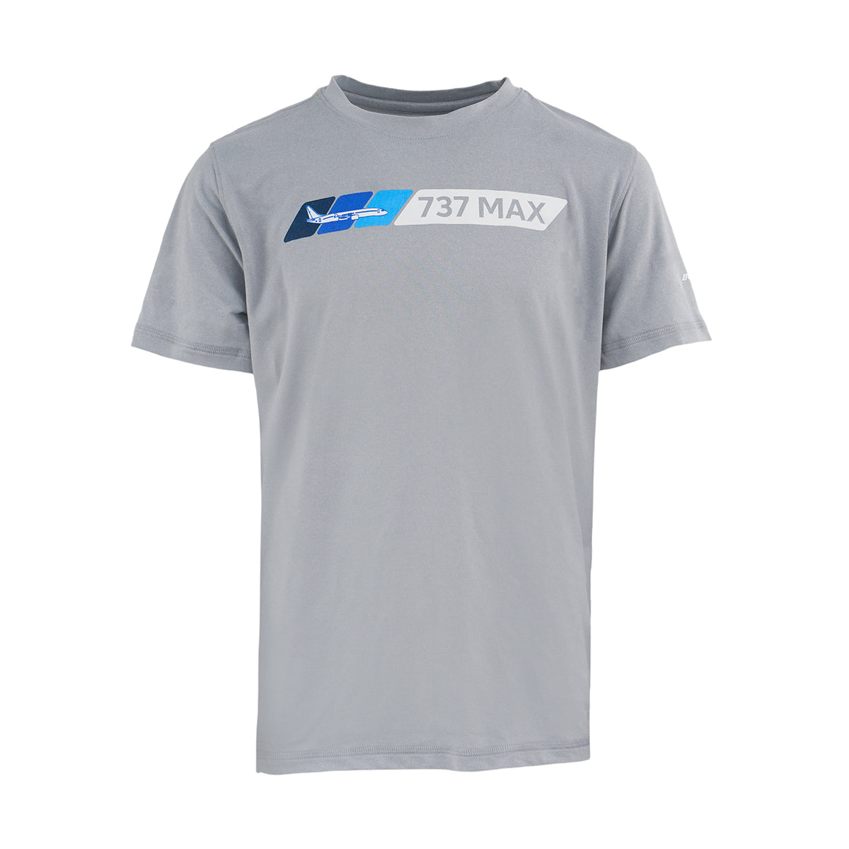 The BOEING 737 MAX Velocity Kids’ Tech Stretch T-Shirt is a light gray, short-sleeve athletic tee featuring blue geometric chest graphics and “737 MAX” text in white and gray, shown on a plain white background.