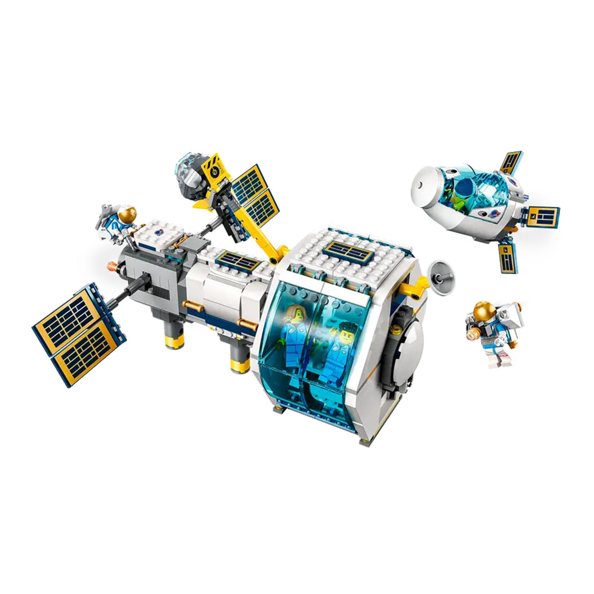 The LEGO® Lunar Space Station by LEGO includes solar panels, a blue-tinted module, astronaut minifigures with gold helmets, a small spacecraft, and scientific equipment, all displayed on a white background.