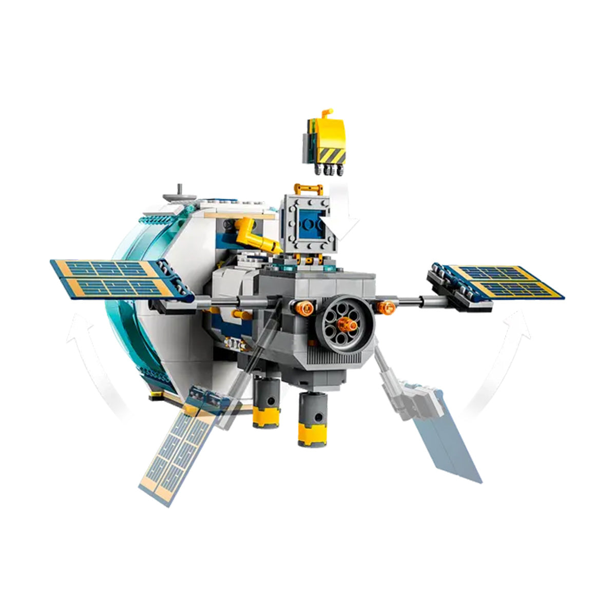 The LEGO® Lunar Space Station by LEGO is a futuristic toy spacecraft with solar panels, a large rear engine, articulated arms, and a transparent blue cockpit—ideal for your space exploration playset.