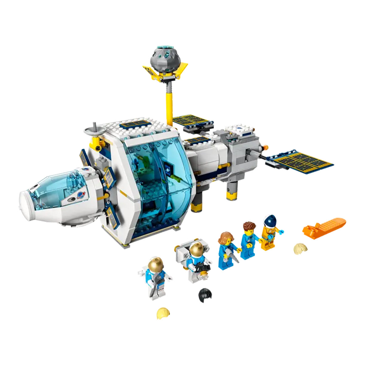 The LEGO® Lunar Space Station by LEGO includes a white and blue modular spacecraft, four astronaut minifigures in spacesuits, an orange rover, and accessories, making it a perfect playset for space exploration fun.