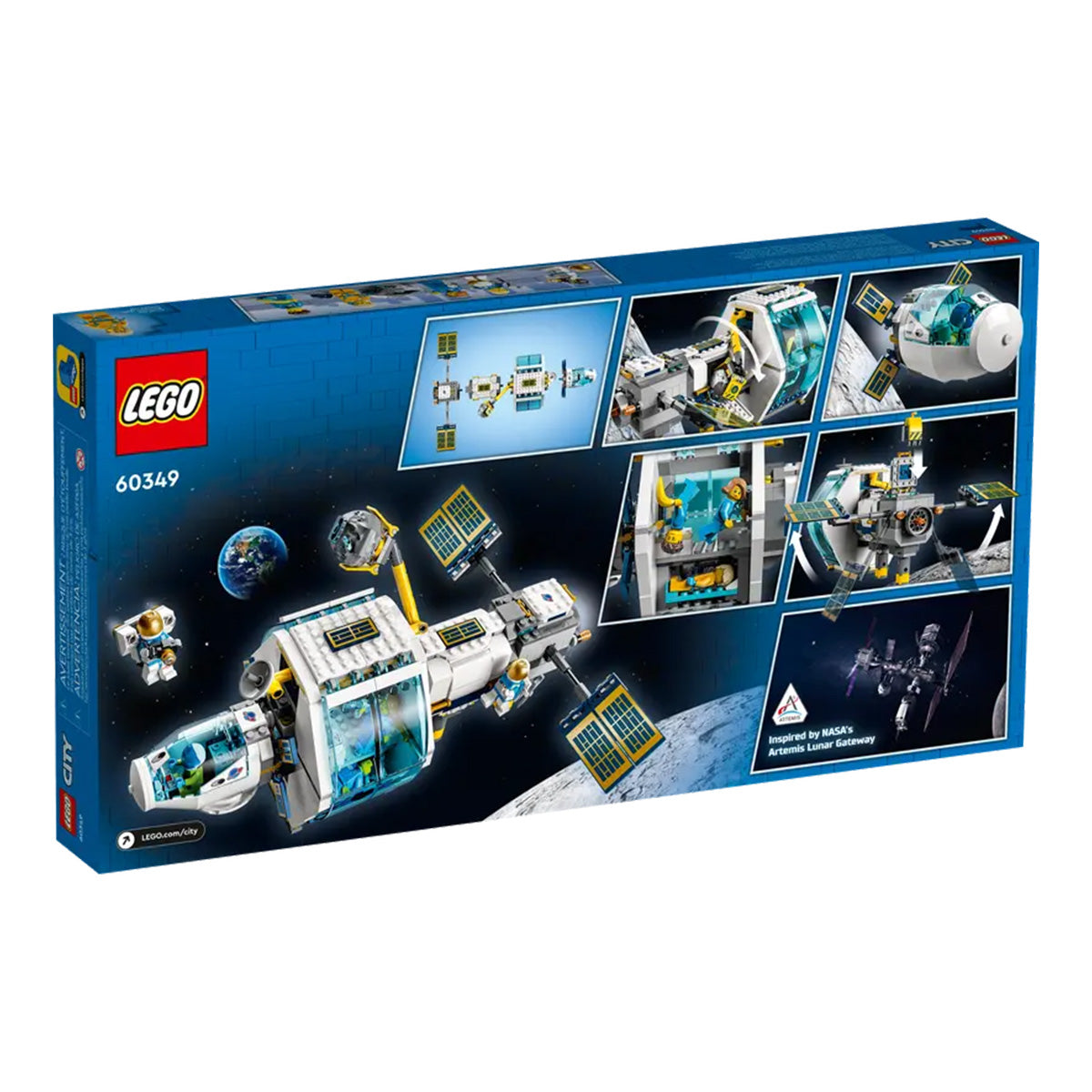 The LEGO® Lunar Space Station set by LEGO features a detailed space station build with solar panels, lab modules, and astronaut minifigures—an inspiring playset for space fans, shown against an Earth and space backdrop on the box.