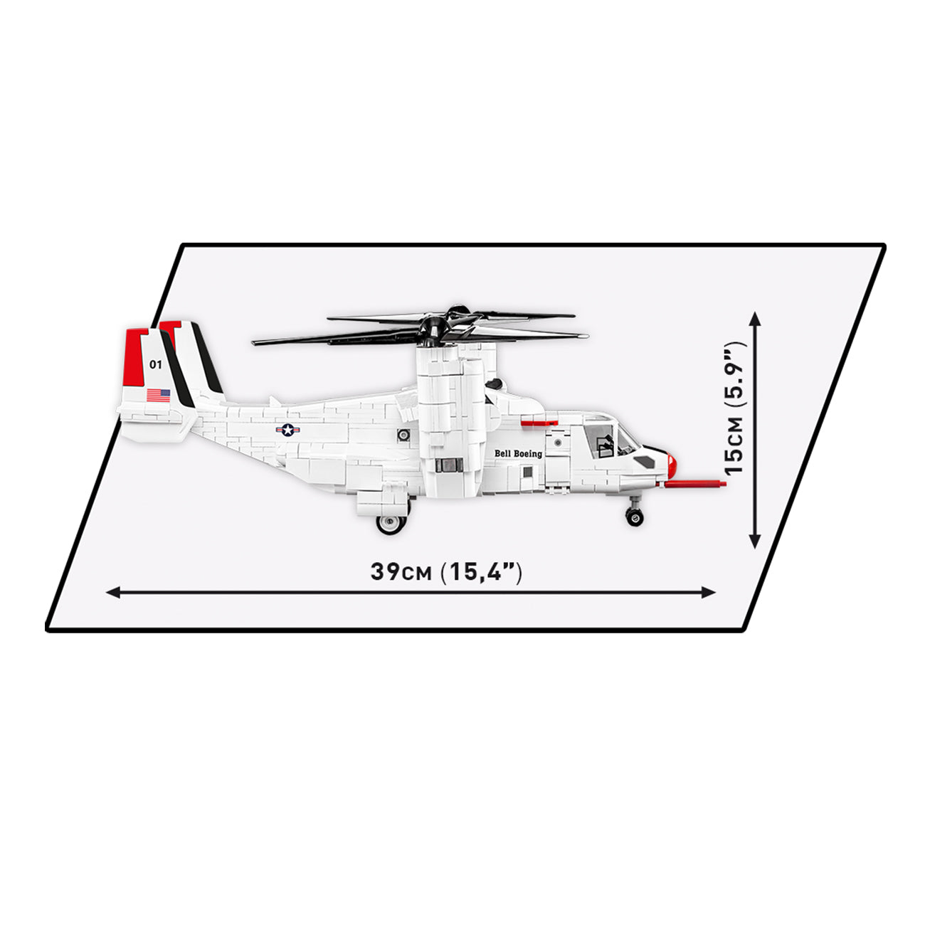The COBI Boeing V-22 Osprey Building Kit by The Boeing Store features a model of a white tiltrotor aircraft with red accents, measuring 39 cm (15.4 inches) in length and 15 cm (5.9 inches) in height, displayed against a diagonal background.