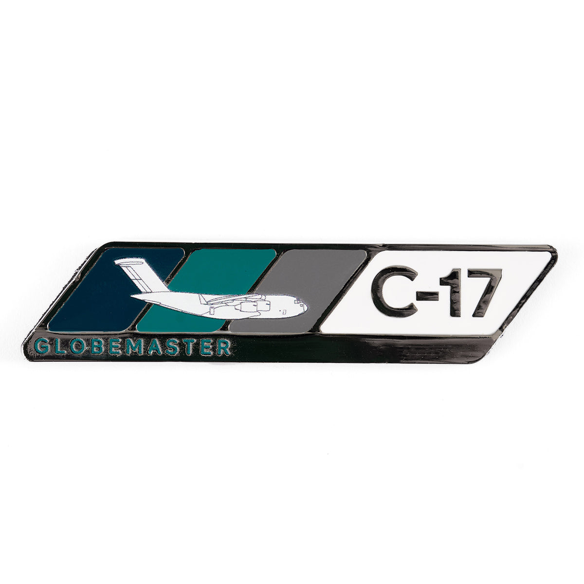 The Boeing C-17 Globemaster Velocity Magnet features a stylized design of the aircraft with teal, dark blue, and gray background sections.
