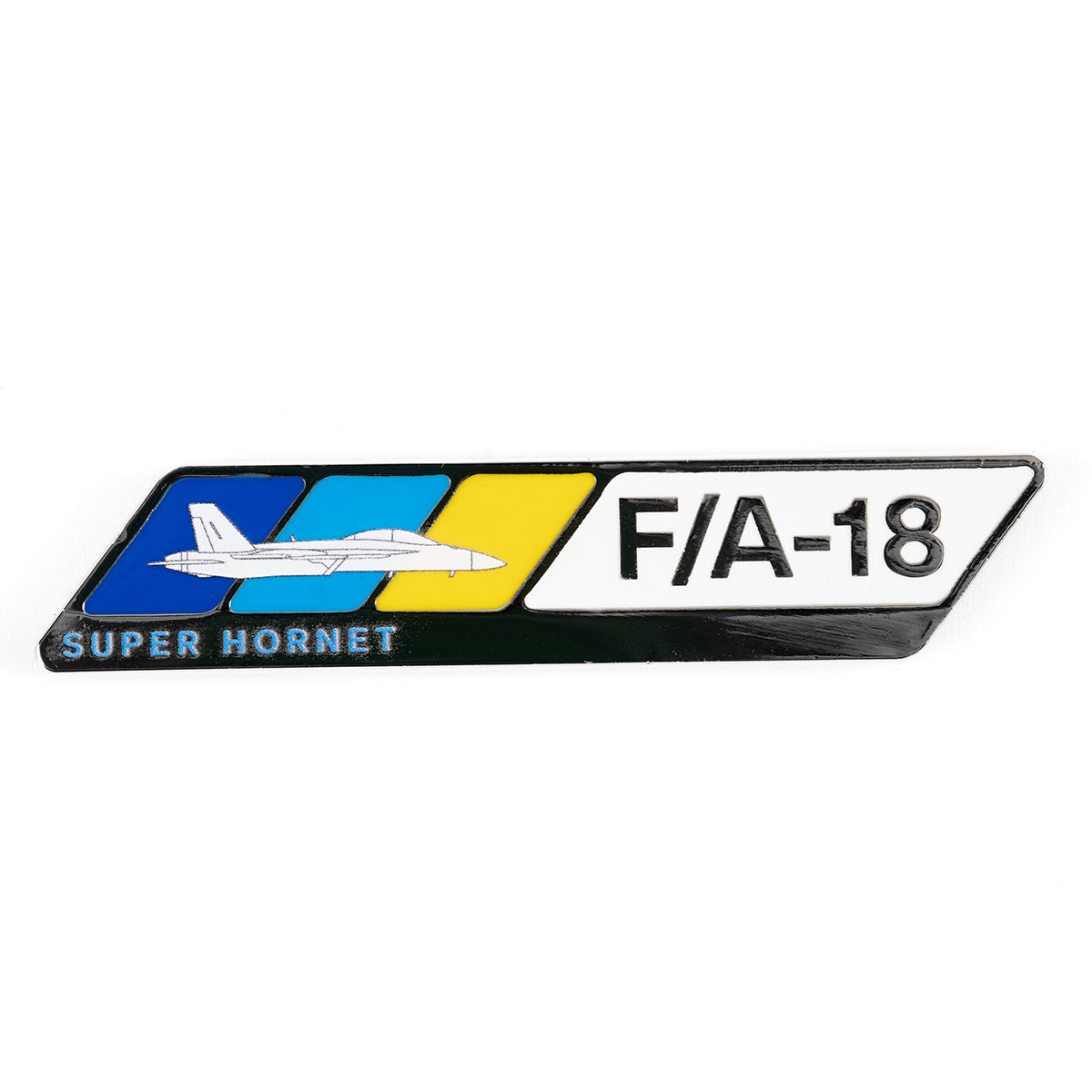 The Boeing F/A-18 Super Hornet Velocity Magnet displays a stylized jet on a bold, multicolored backdrop with text reading SUPER HORNET and F/A-18, capturing the iconic design in an exquisite enamel finish.
