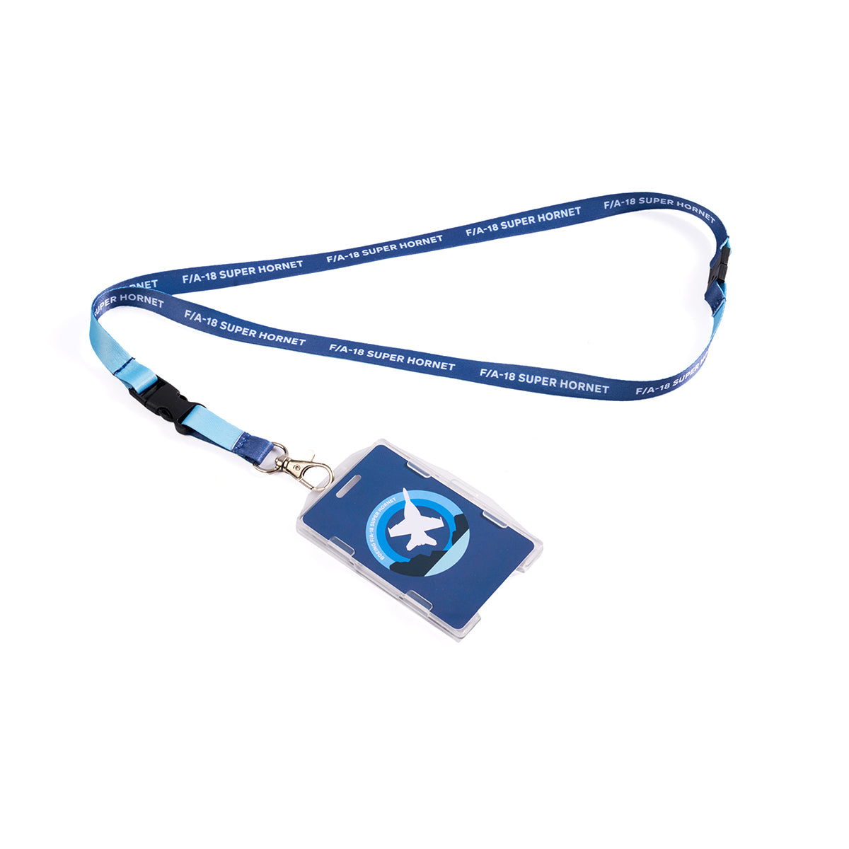 Full product image of the lanyard in blue and light blue. Boeing F/A-18 Super Hornet Skyward sublimation print. Full printed PVC card with Boeing F/A-18 Super Hornet Skyward roundel design.