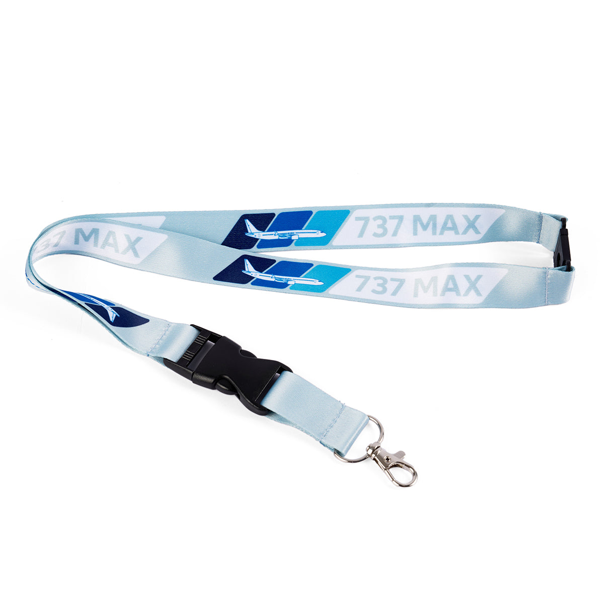 The Boeing 737 MAX Velocity Lanyard by Boeing features a blue and white sublimation print of 737 MAX with airplane graphics, a plastic buckle, and a metal clip.