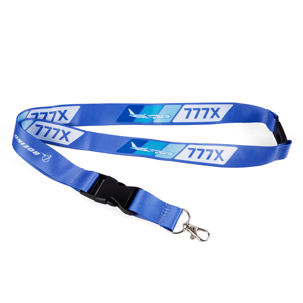 The Boeing 777X Velocity Lanyard from Boeing showcases the Boeing 777X text and airplane graphics, complete with a metal clip, plastic buckle, and safety breakaway for convenience.