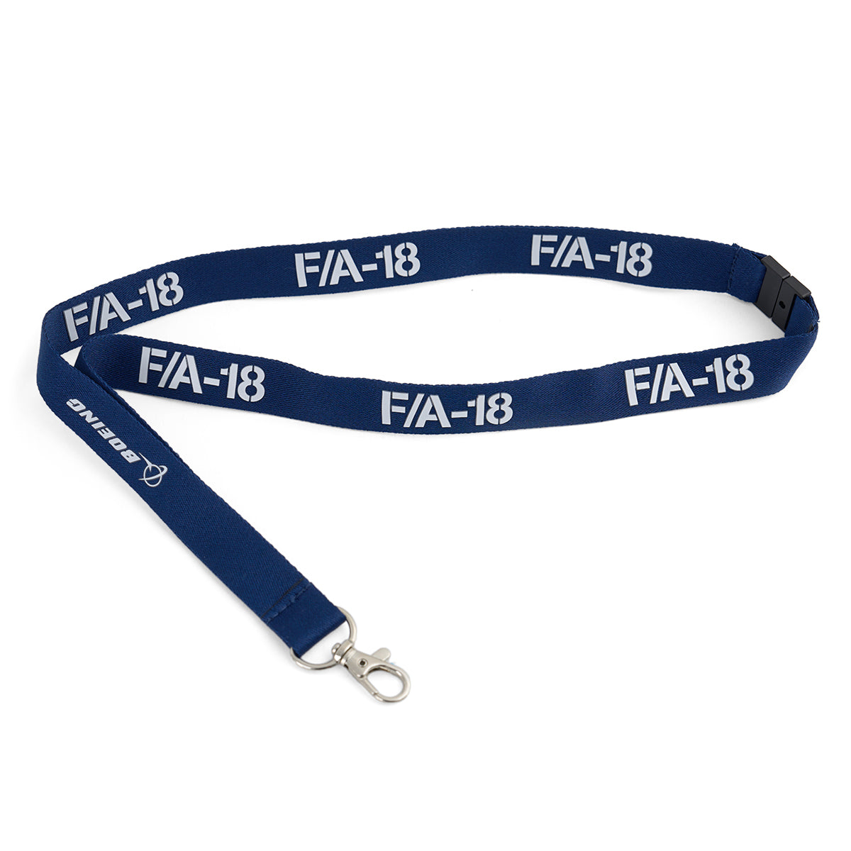 The BOEING F/A-18 Super Hornet Series Lanyard is blue with a metal clip, detachable buckle, FA-18 printed in white, and the Boeing logo—ideal for aviation fans.