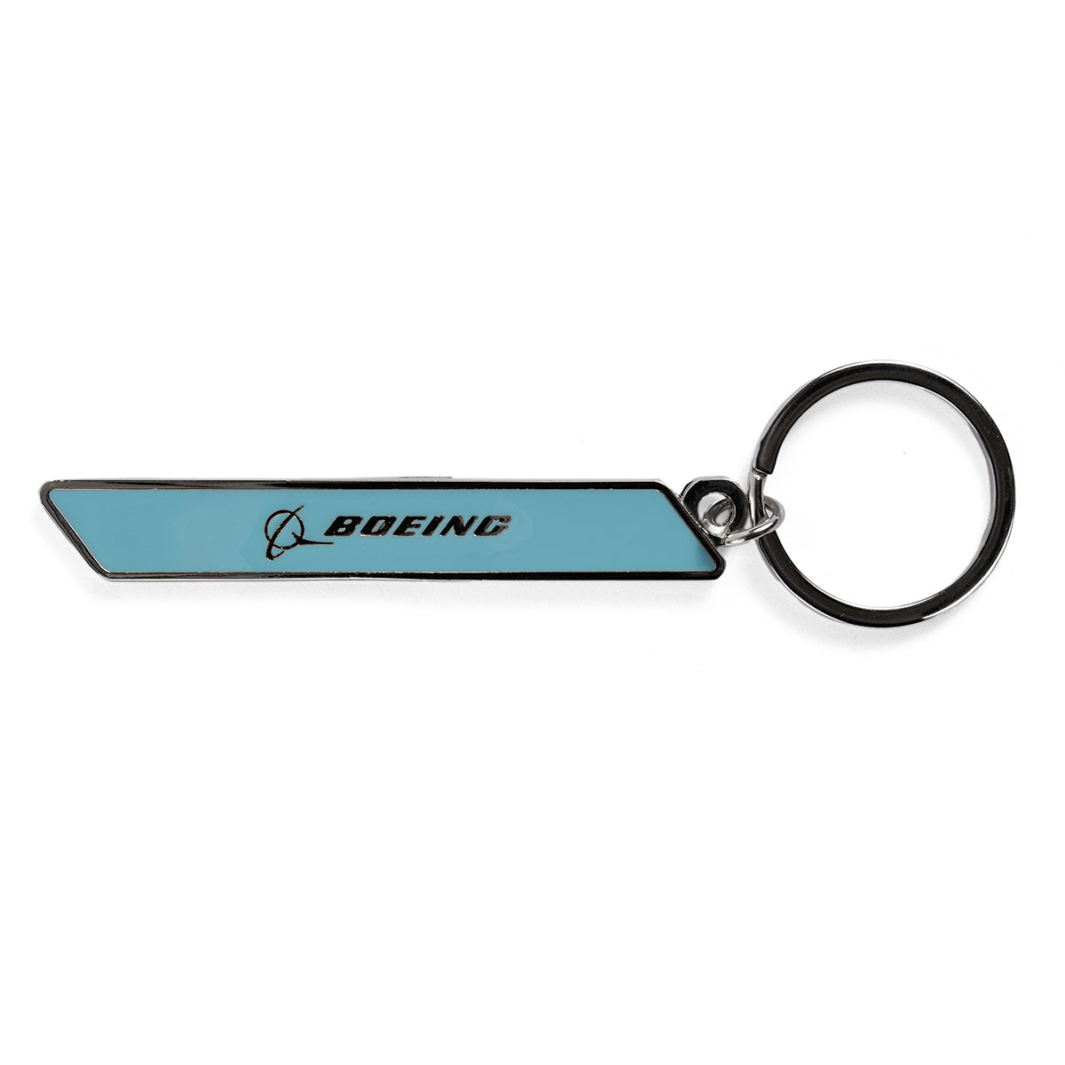 The Boeing 737 MAX Velocity Keychain by Boeing features a light blue, arrow-shaped metal tag with the Boeing logo in black, symbolizing aerospace innovation and comes attached to a round keyring.