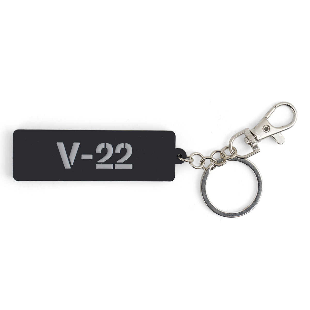 The BOEING V-22 Osprey Series Keychain is a black rectangular accessory with V-22 cut out, attached to a metal keyring and silver clasp—an ideal gift for aviation fans.