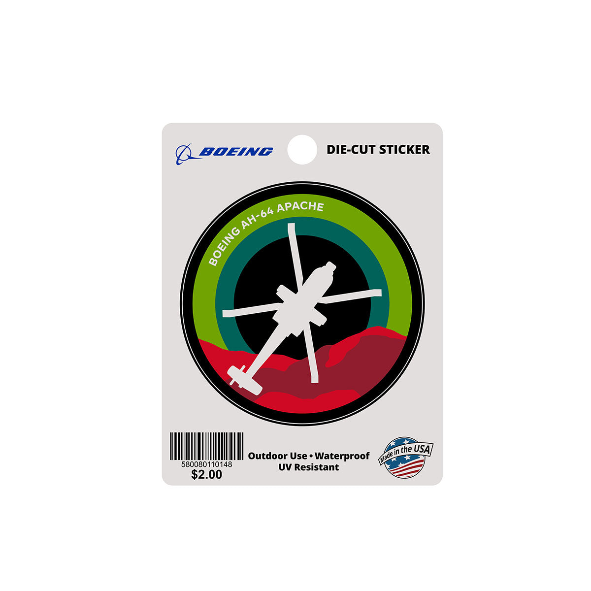 Introducing the Boeing AH-64 Apache Skyward Sticker: a die-cut design with a helicopter silhouette, colorful concentric circles, and mountainous backdrop. Made from waterproof, UV-resistant vinyl, its available for just $2.00.