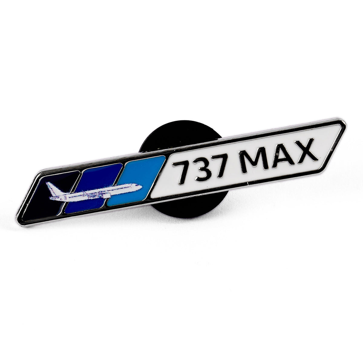 The Boeing 737 MAX Velocity Lapel Pin, by Boeing, features a stylish airplane silhouette with diagonal blue and black bars. Boeing 737 MAX elegantly appears on a white background, making it perfect for aviation fans.