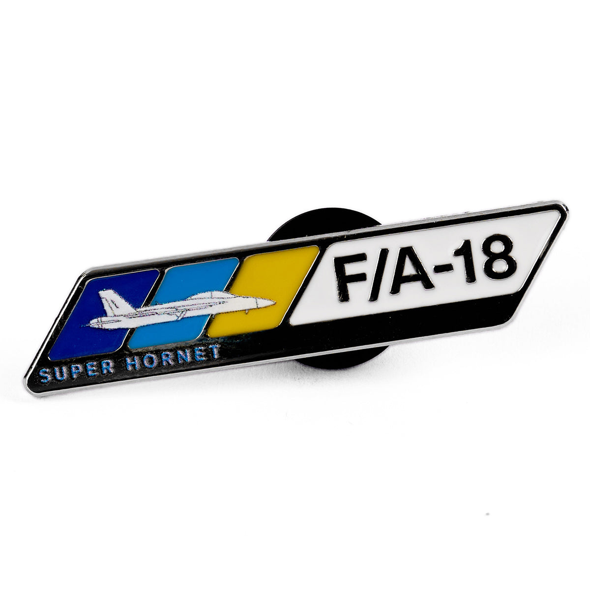 Boeings F/A-18 Super Hornet Velocity Lapel Pin features a jet plane design in blue and yellow with SUPER HORNET and F/A-18, making it ideal for aviation enthusiasts.