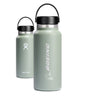 Two sleek, insulated sage green Hydroflask Boeing Water Bottles from The Boeing Store have black lids and handles. The front one displays the BOEING logo, while the back has the Hydro Flasks logo. Both wide mouth bottles are made of stainless steel for durability and style.