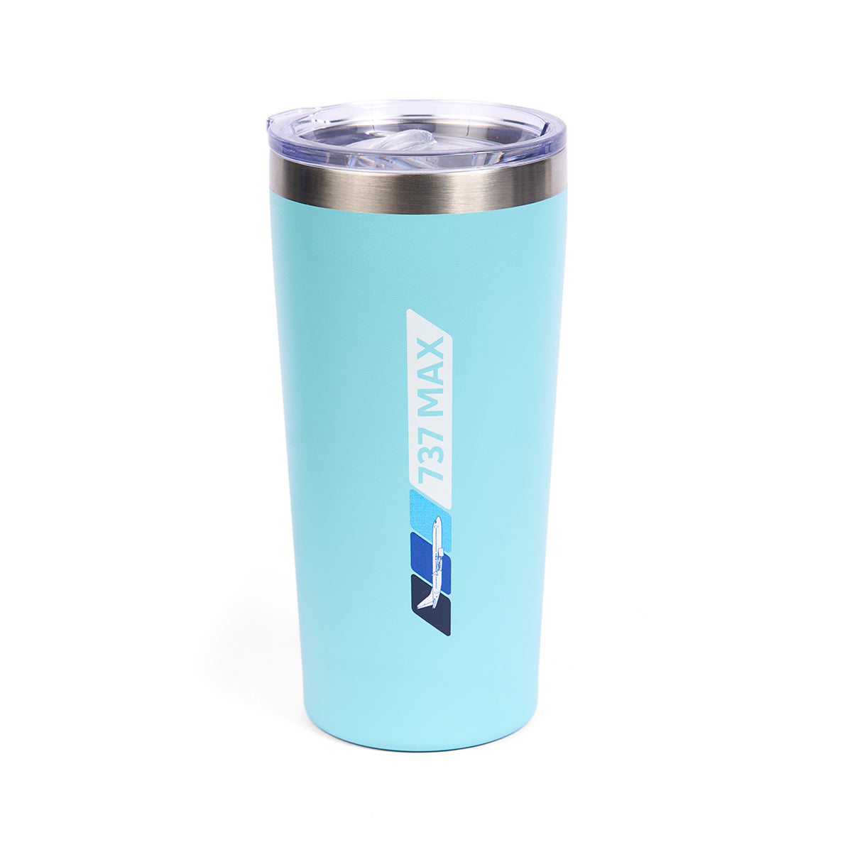 The Boeing 737 MAX Velocity 17 oz. Tumbler by Boeing is a light blue, double-wall insulated travel mug with a clear lid and stainless rim, featuring blue graphics and 737 MAX printed vertically to celebrate the iconic aircraft.