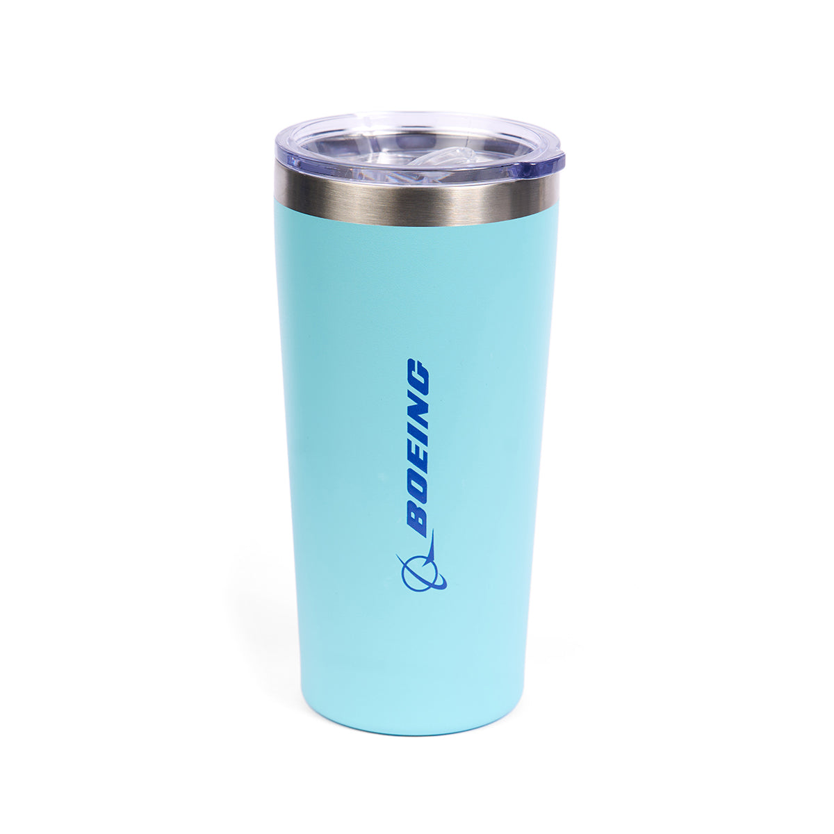 The Boeing 737 MAX Velocity 17 oz. Tumbler by Boeing features light blue double-wall insulation, a clear lid, stainless steel rim, and a vertical blue Boeing logo. Inspired by the 737 MAX, it stands upright on a white background.
