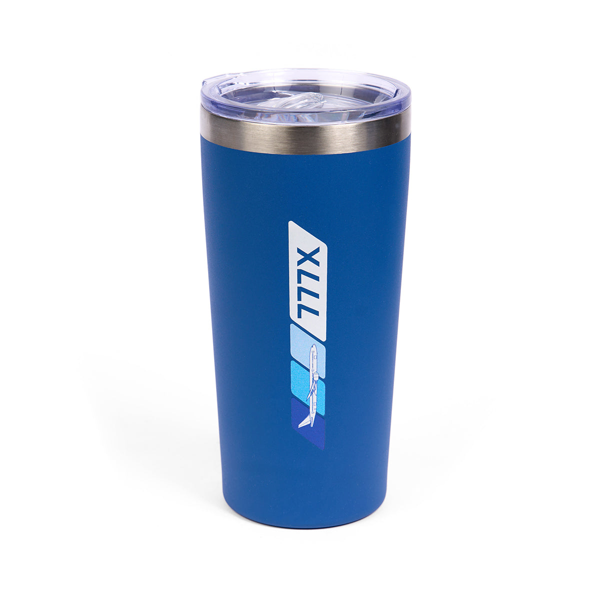 The Boeing 777X Velocity 17 oz. Tumbler by Boeing features double wall insulation, a blue design with geometric shapes, a clear plastic lid, silver rim, and displays a vertical Boeing 777X logo alongside an airplane illustration.