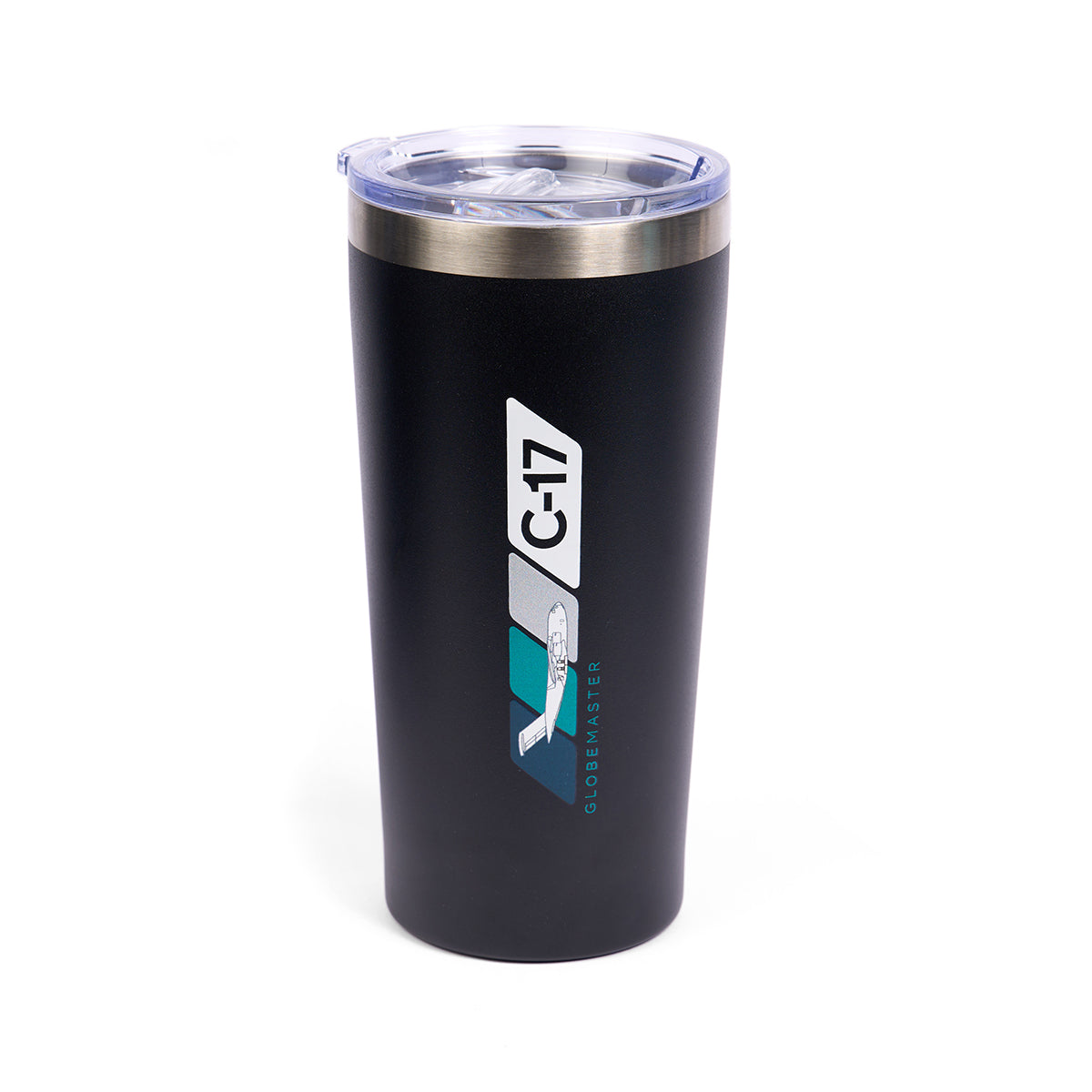 The Boeing C-17 Globemaster Velocity 17 oz. Tumbler by Boeing is a black double-wall insulated tumbler with a clear lid, featuring the C-17 Globemaster logo in white and teal on the front.