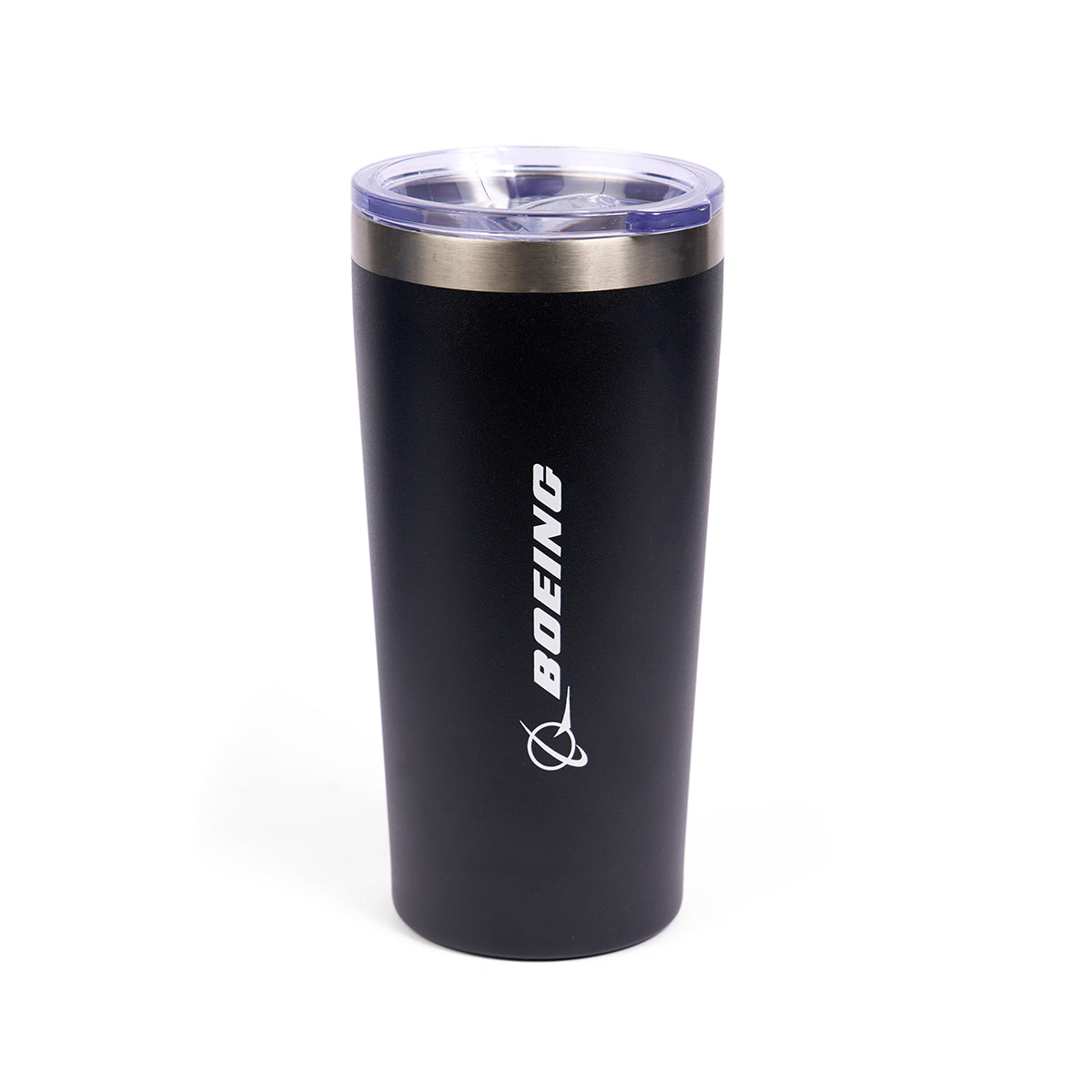 The Boeing C-17 Globemaster Velocity 17 oz. Tumbler is a black, double wall insulated tumbler with a clear plastic lid and the white Boeing logo printed vertically on the front, shown against a plain white background.