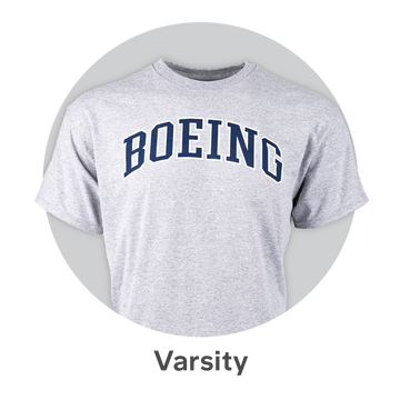 Thumbnail featuring a t-shirt from the Boeing Varsity collection on light grey background. Links to Boeing Varsity collection page.