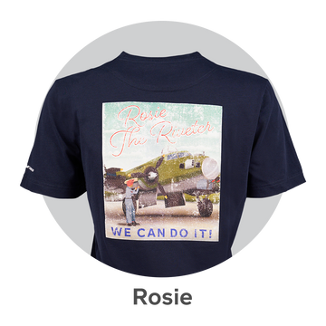 Thumbnail featuring a t-shirt from the Boeing Rosie collection on light grey background. Links to Boeing Rosie collection page.