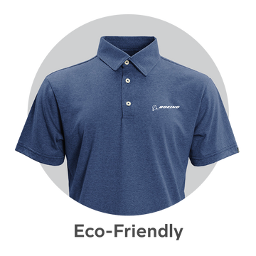 Eco-friendly navy polo shirt with Boeing logo.