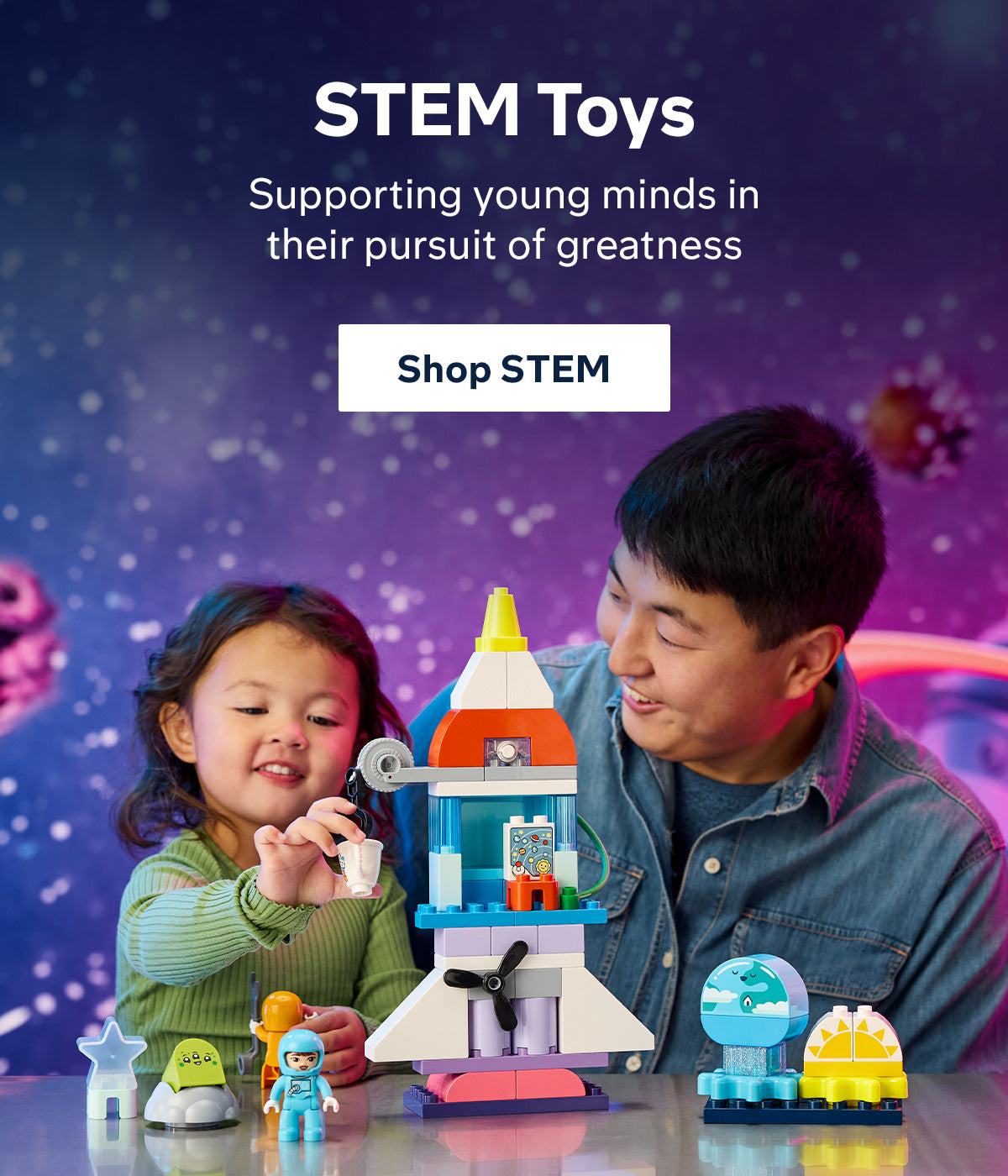 STEM mobile HP banner featuring father interacting with daughter building Legos