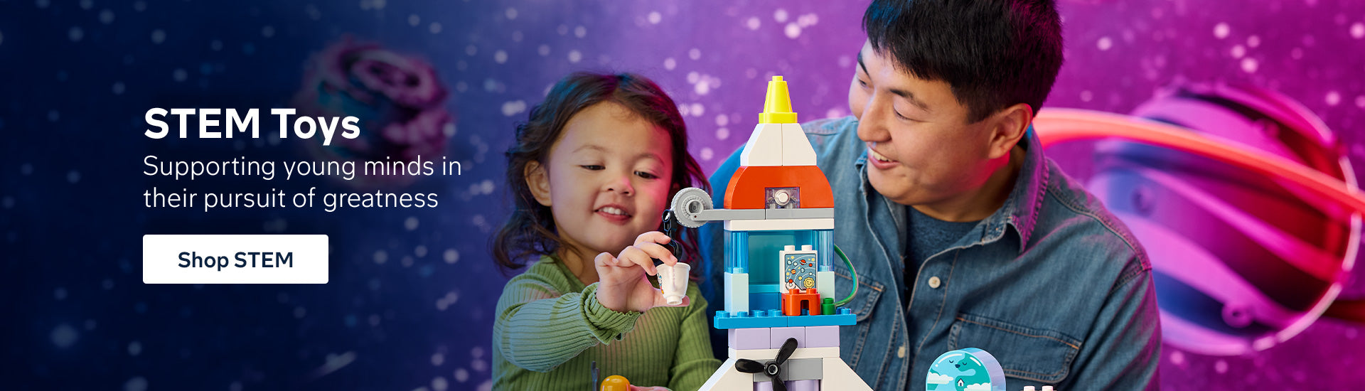 STEM desktop HP banner featuring father interacting with daughter building Legos