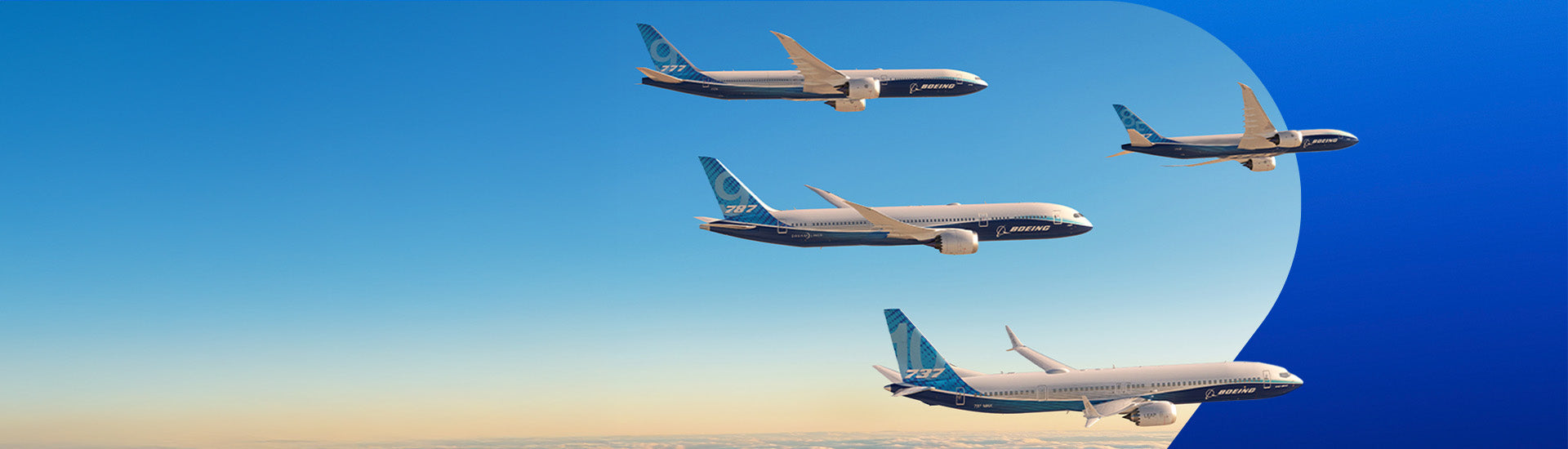 Boeing 2026 calendar featuring an illustration of multiple Boeing commercial aircraft flying in formation against a gradient blue background.