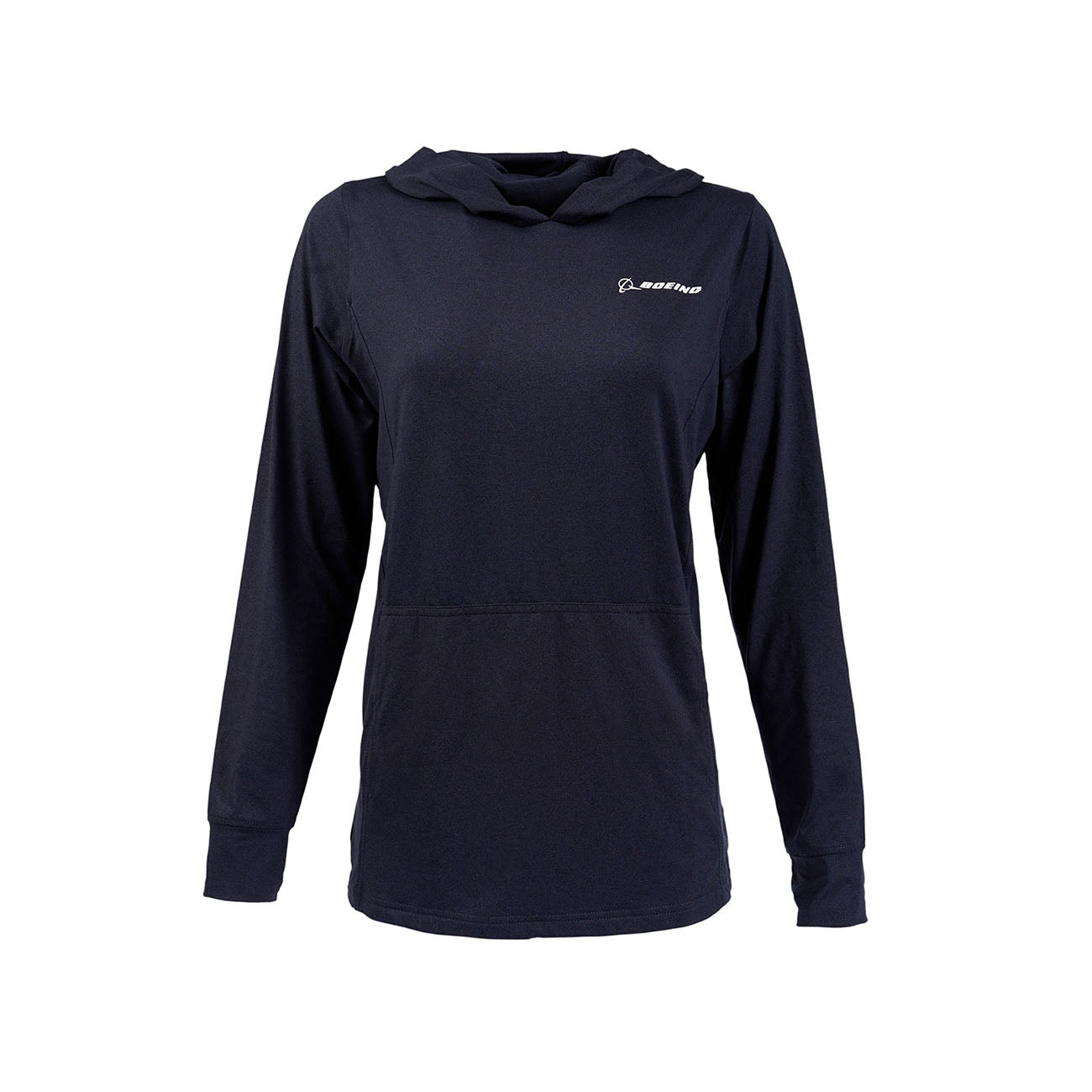 The Boeing Stores Womens Trek Hoodie is a sustainable black long-sleeve with a small white logo on the left chest, offering a simple and casual straight fit ideal for everyday wear.