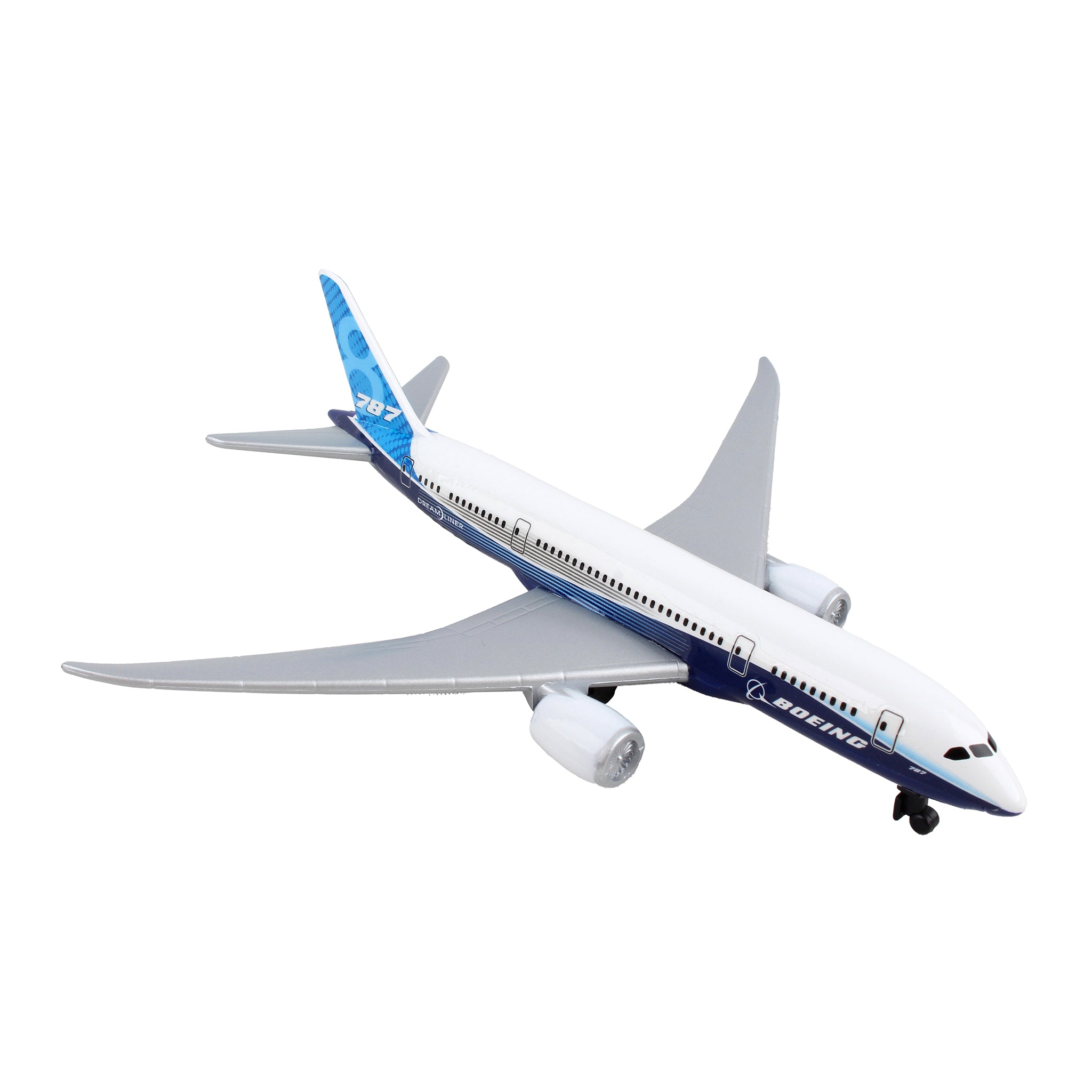 The Daron Boeing 787 Dreamliner Die-Cast Toy features a sleek white body with elegant blue accents, making it ideal for aviation enthusiasts. Displayed on a plain white background, its the perfect addition to any collection.